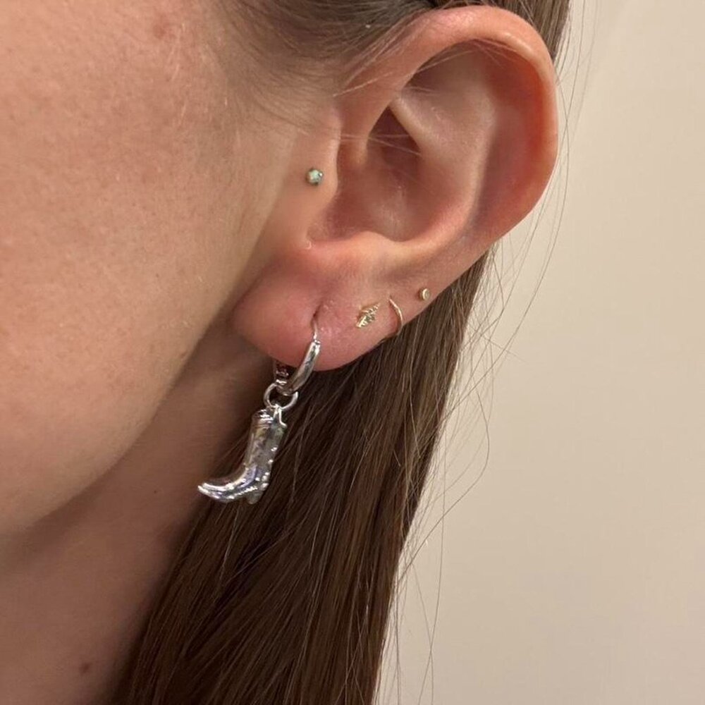The Posie silver cowgirl boot hoops boots dainty cowboy huggie hoop earrings